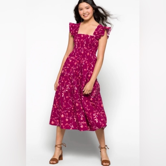 Hill House NWT Ellie Nap Midi Flutter Sleeve Dress Burgundy Botanical XS-M - Picture 2 of 9